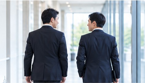 並んで歩く二人のスーツ姿の男性の後ろ姿