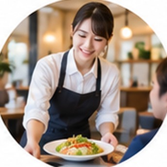 笑顔で料理を運ぶ飲食店のスタッフ