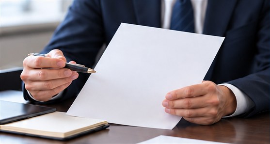 ペンを手に、採用条件の書類を確認する手元