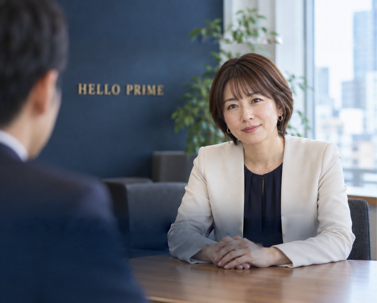 打合せの席で、相手の話を聞きながらこちらに微笑む広報のゆみネエ