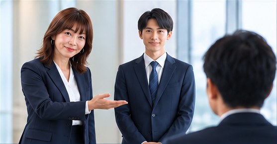 ゆみネエが候補者を企業の担当者に紹介している場面