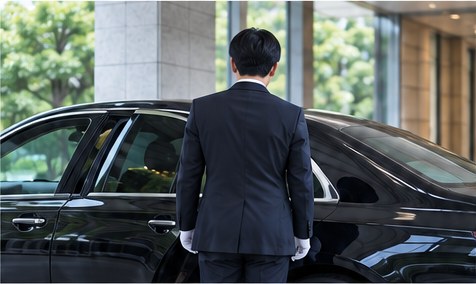 黒塗りの車の前に立つ、白手袋の運転手の後ろ姿