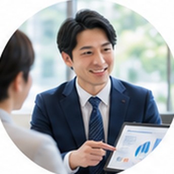 タブレットを見せながら商談する営業職の男性