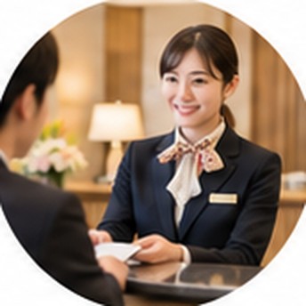 ホテルのフロントでお客様に応対する女性