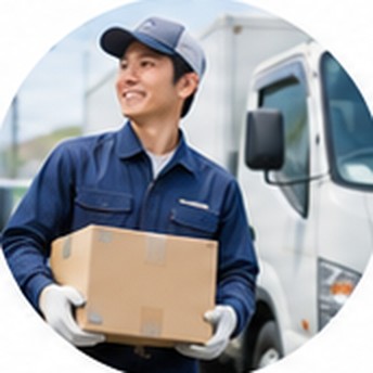 トラックの前で荷物を抱える配送員
