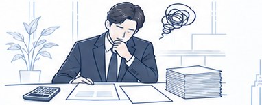 積み上がった書類と電卓を前に頭を抱える担当者