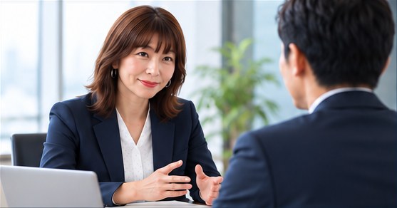 打合せの席で、企業の担当者の相談を聞くゆみネエ